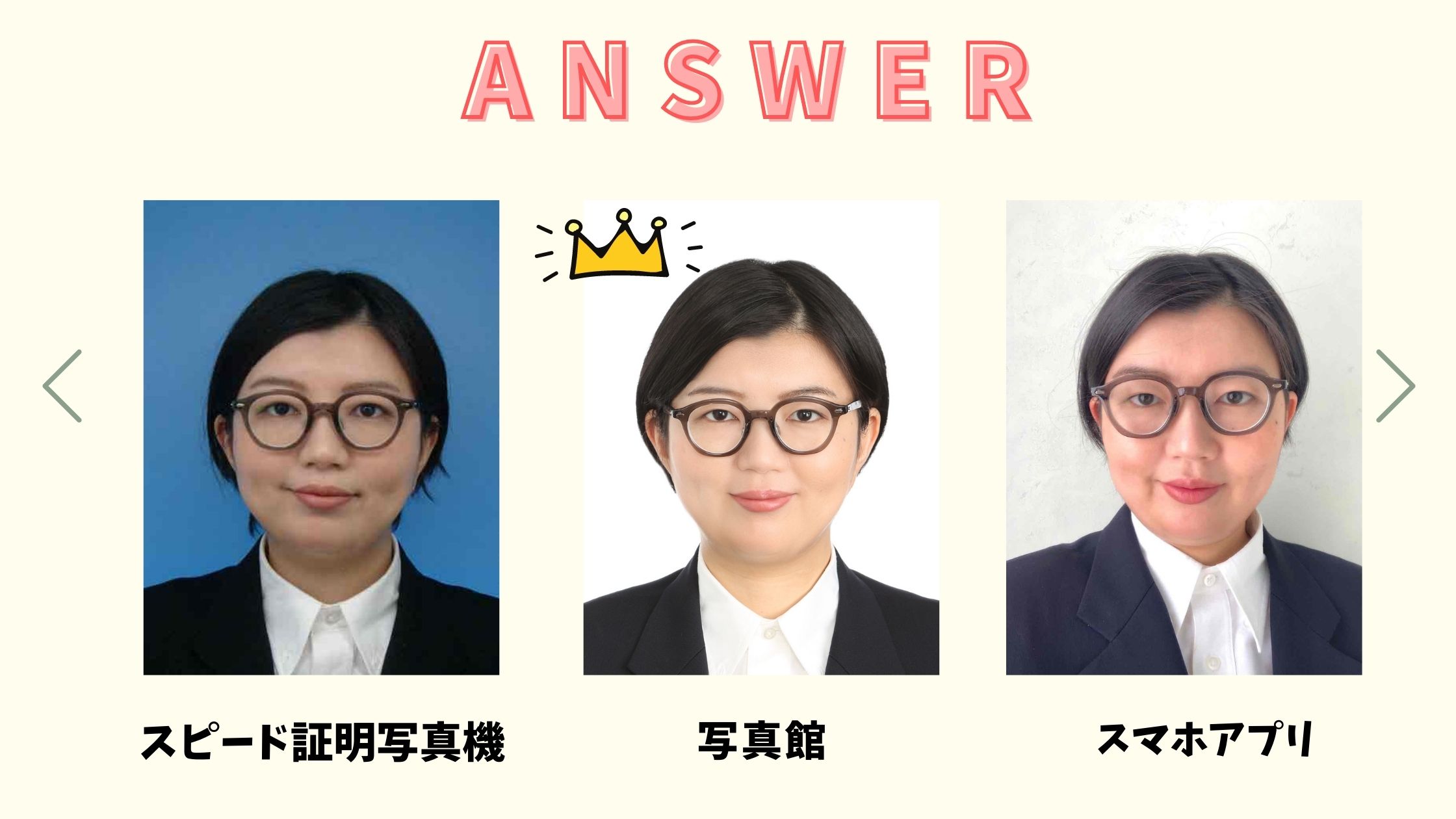 証明写真の仕上がりをそれぞれ比較