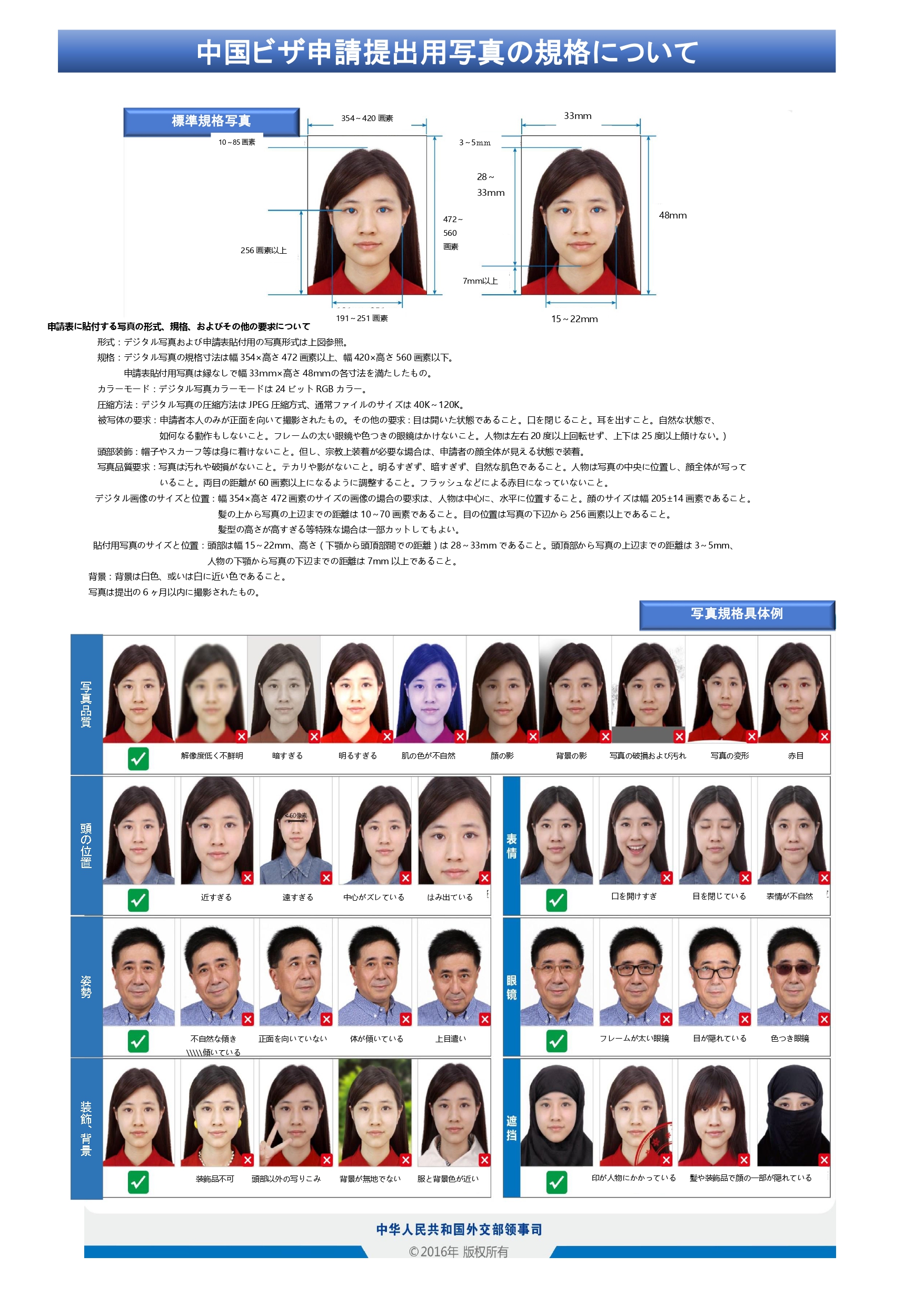 中国ビザ申請提出写真の規格について