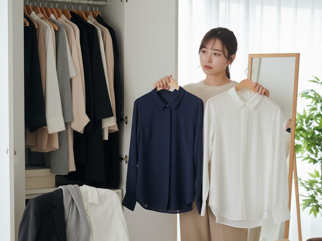 パスポート写真に合う服装を選ぶ女性