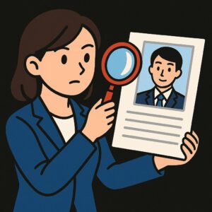 転職エージェントの担当者が履歴書写真を虫眼鏡で確認しているイラスト