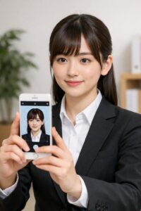 スマホアプリで就活証明写真を撮影しようとしている女子