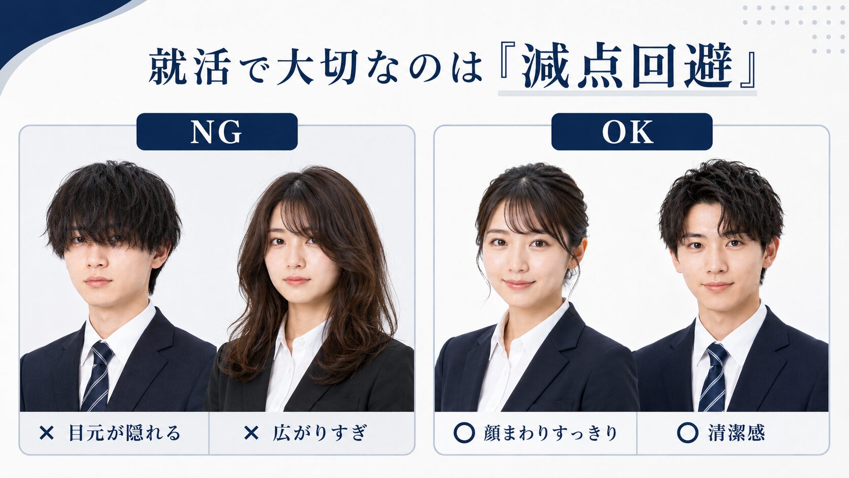 就活の証明写真で避けたい髪型と好印象に見せる髪型をNG・OKで比較したイメージ